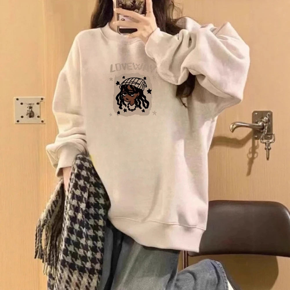 2025秋冬季新款卡通嘻哈女孩印花设计休闲外穿百搭宽松长袖卫衣女