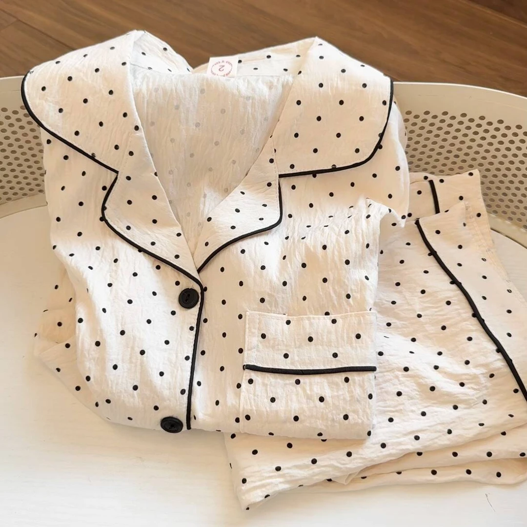 【维多利亚专柜奢品】黑色波点睡衣女春秋季新款云朵棉甜美可爱休