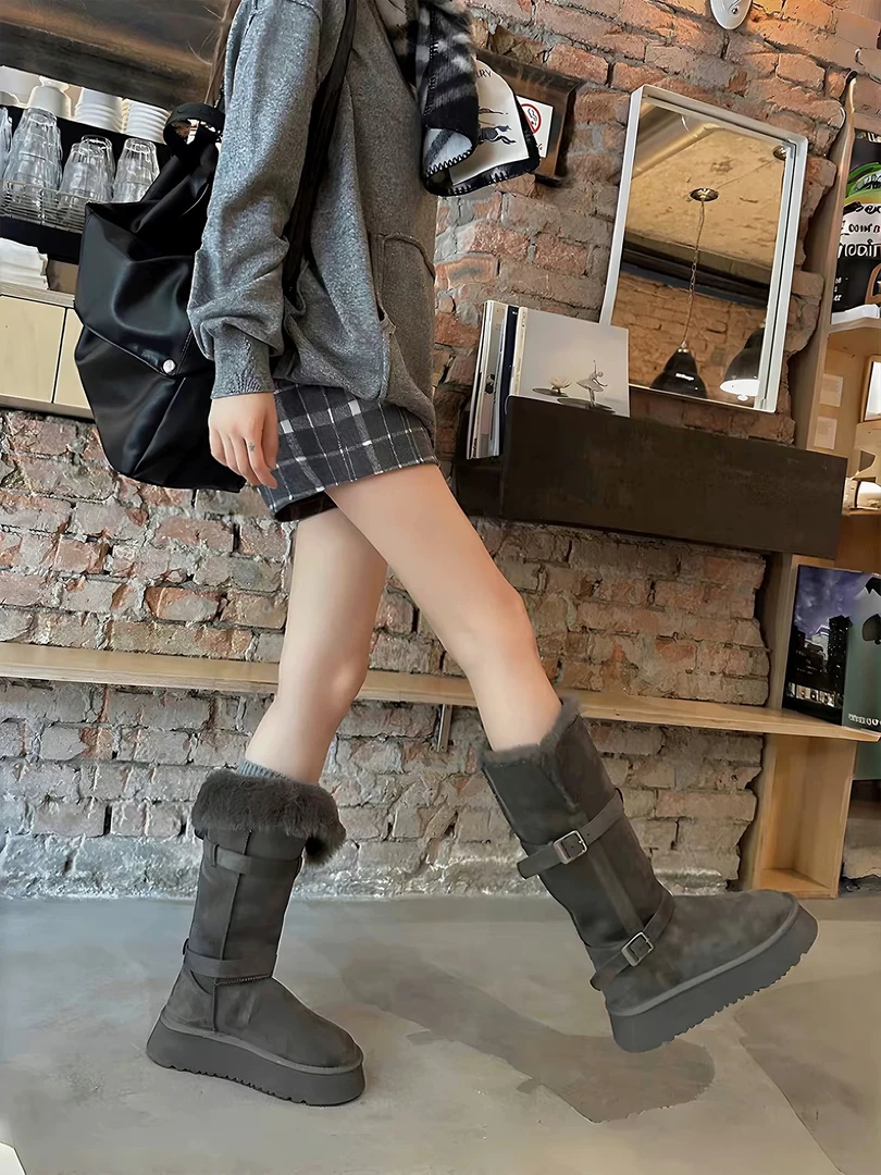 【bbo推荐】长筒雪地靴女冬季新款厚底中筒加绒东北棉鞋保暖高筒靴