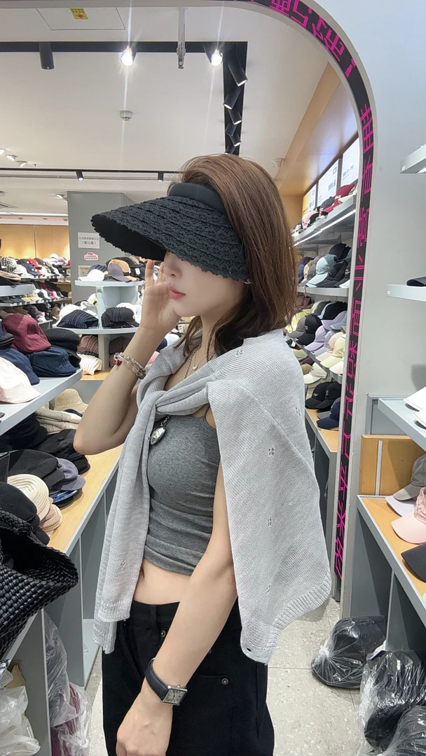 大檐珍珠空顶帽女夏季出游防晒遮阳帽沙滩太阳帽显脸小百搭发箍帽