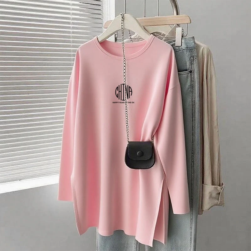 搭配鲨鱼裤磨毛长袖t恤女中长款宽松显瘦休闲百搭2025秋冬季上衣