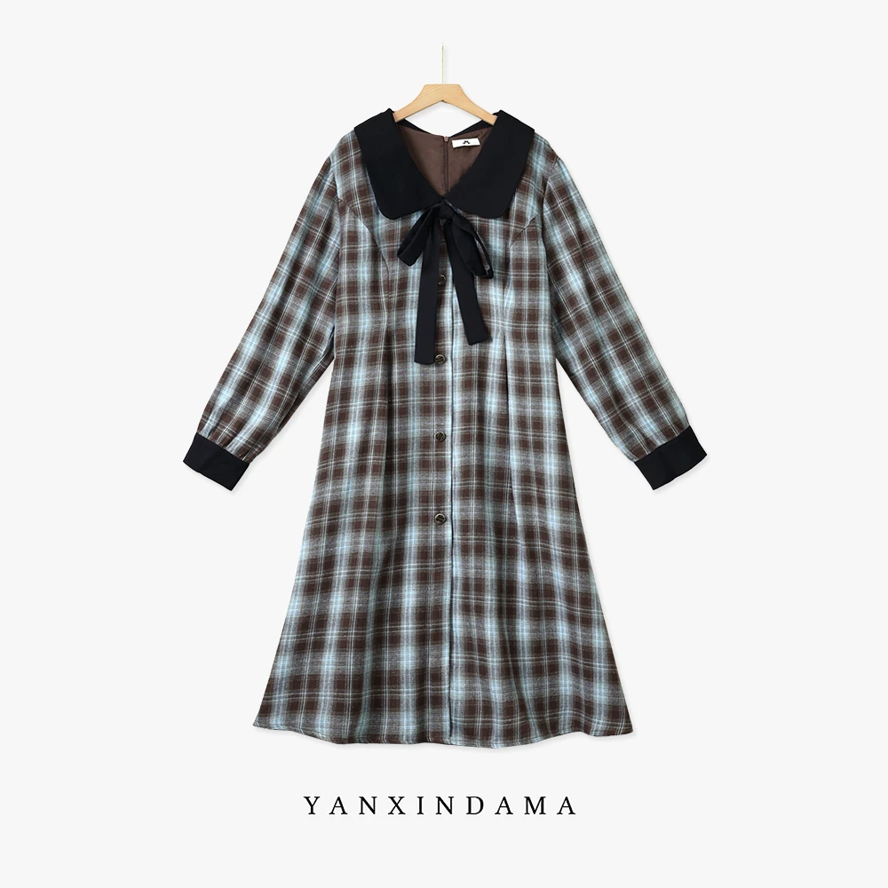 【岩心】大码女装300斤胖MM时尚气质格子设计感显瘦减龄连衣裙10140