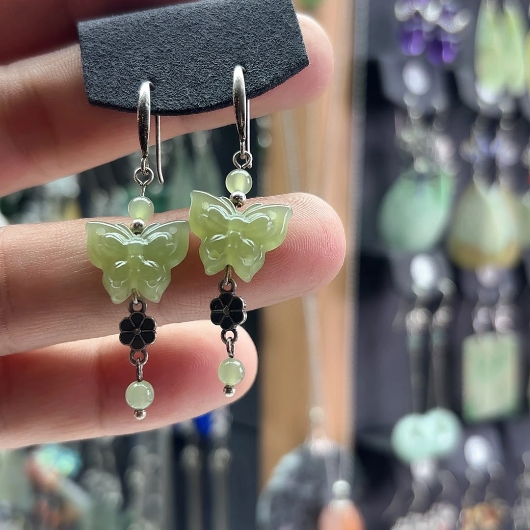 和田玉耳饰银S925镶嵌甜*