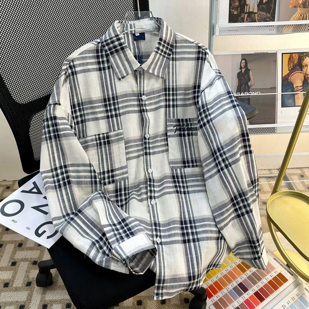 日系复古格子长袖衬衫男女春秋季ins潮宽松休闲百搭垂感衬衣外套