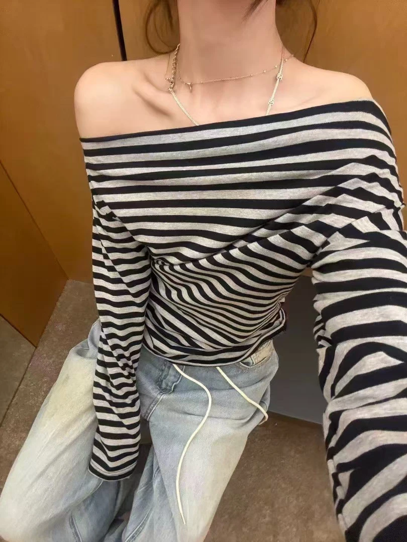 早秋新款条纹上衣可斜肩可一字肩