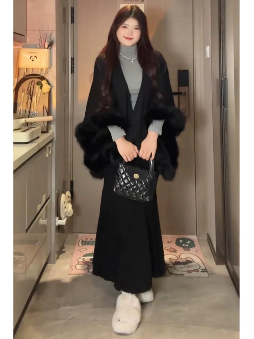 韩系慵懒风毛毛领披肩斗篷外披