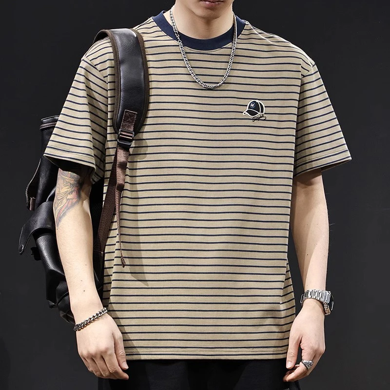 Cebrodz百搭条纹短袖t恤男士夏季新款大码高端衣服潮牌男款体恤
