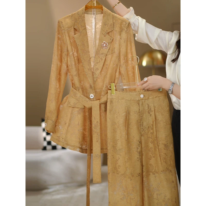 【伊美轻奢】2025春夏新款茶咖纱纱时尚女神优雅气质修身女装套装