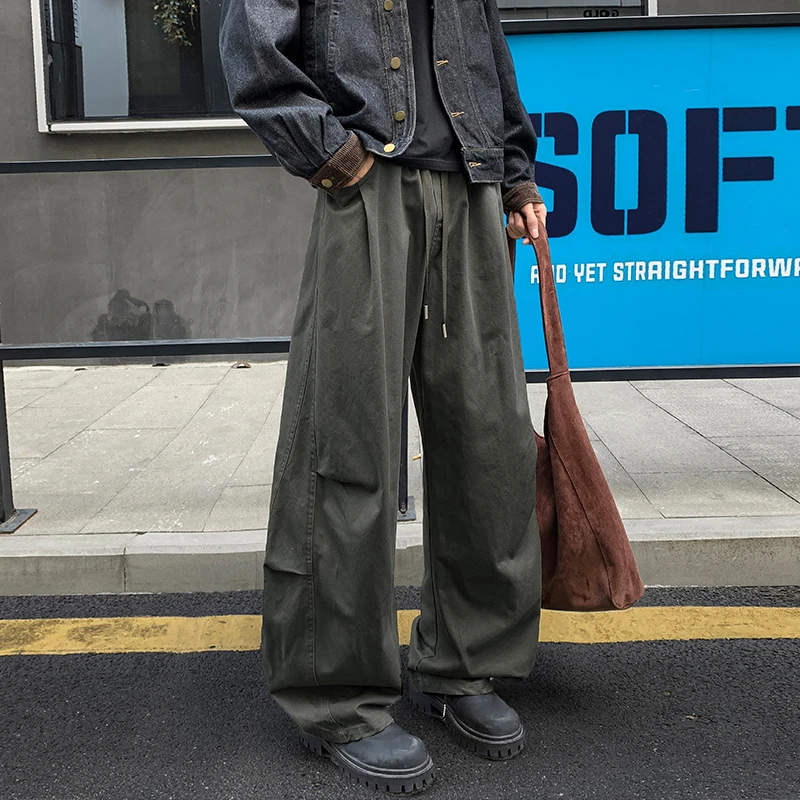 美式高街纯棉褶皱拼接弯刀工装裤男女秋季百搭休闲裤情侣阔腿长裤