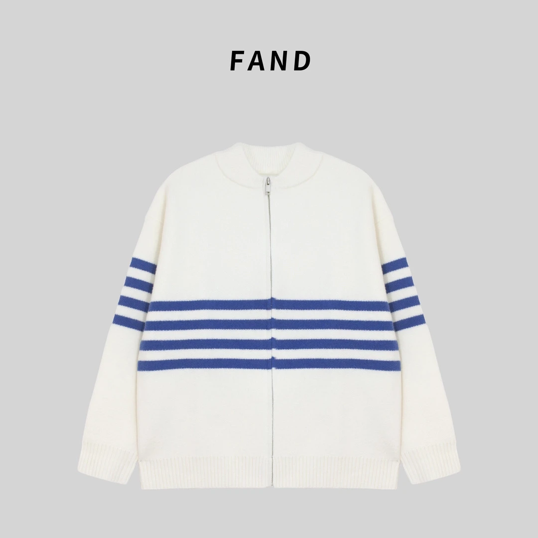 FF秋冬时尚加厚条纹棒球领开衫毛衣外套