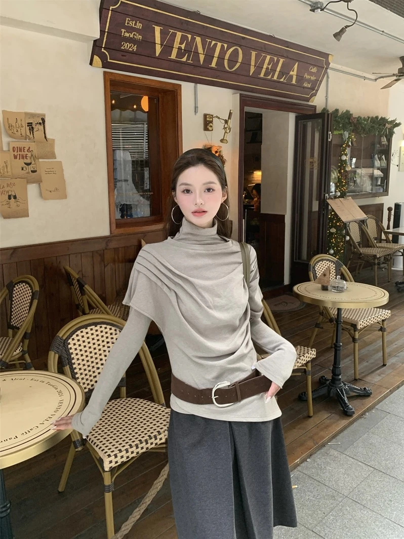 新款时尚套装高领长袖修身打底衫恤女秋冬褶皱不规则马甲两件套