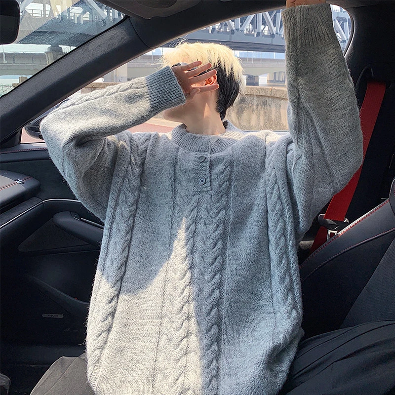 毛衣男青少年秋冬季慵懒风毛线衣男生三粒扣加厚保暖针织衫