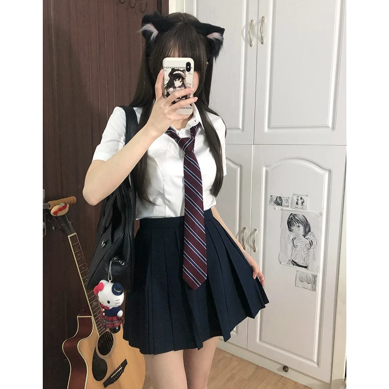 东京岁时记jk白色衬衫小个子夏季学院风百褶高腰半身裙短裙套装女