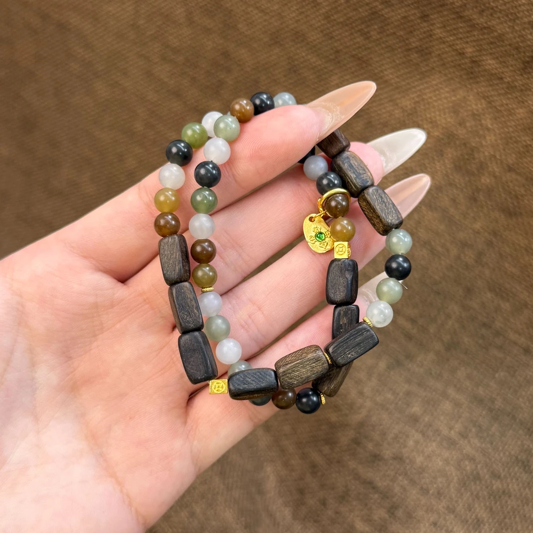 和田玉楼兰三彩双圈手串，文玩风格