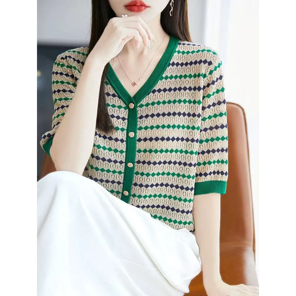 莱赛尔天丝V领针织五分袖开衫女2025夏季宽松显瘦高级感上衣5029