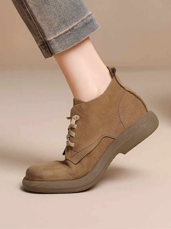 舒适加绒系带短靴防水台英伦女圆头复古马丁靴平底棕色秋冬短筒