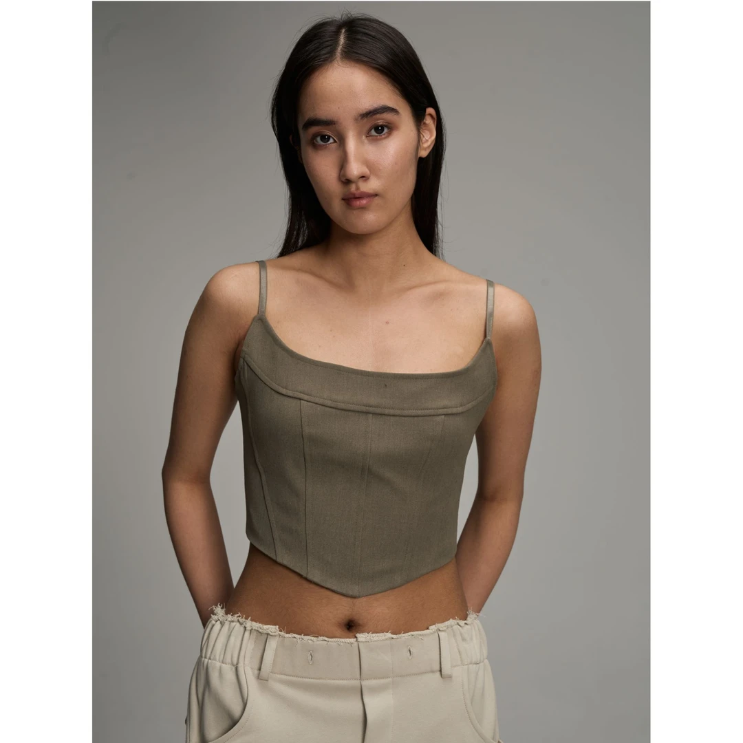 JOHNNYWU复古鱼骨收腰显瘦超短露腰修身吊带背心上衣女