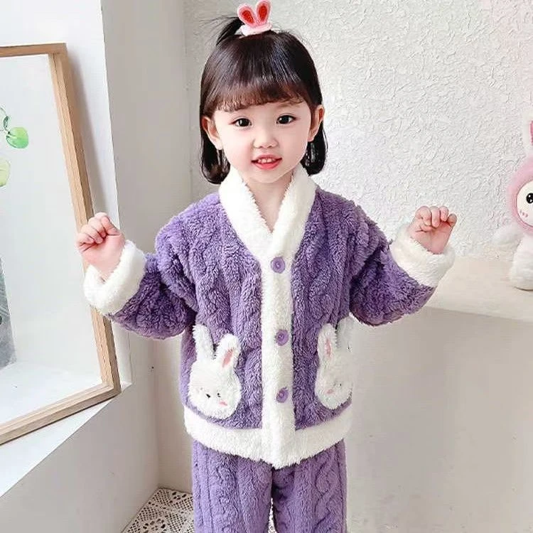 女卡通风加绒卡通冬装保暖休闲风套头童装家居服套装