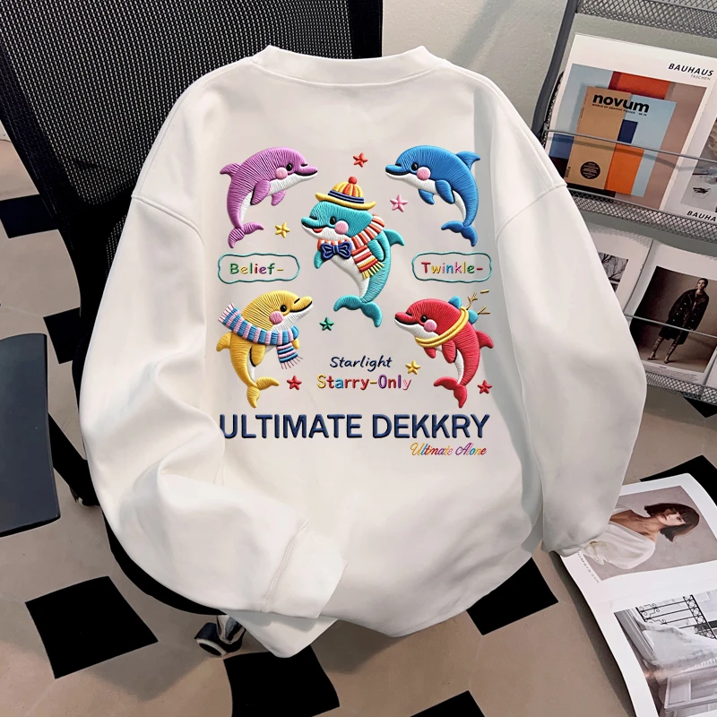Dekkry韩系学院风小海豚仿刺绣印花秋冬纯棉长袖t恤男女宽松上衣