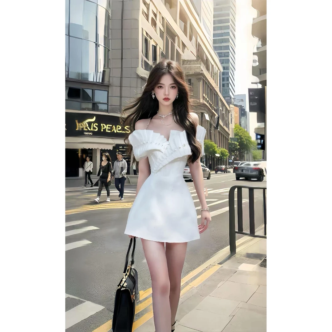 新款白色不规则领型收腰时尚气质连衣裙女小众高级优雅氛围感裙子
