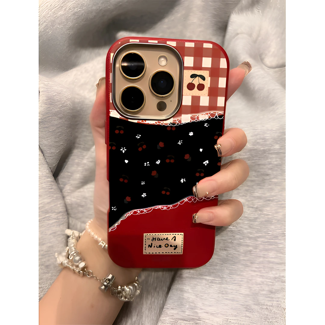 复古红格纹碎花适用iPhone16荔枝纹15苹果13手机壳新年14高级11软