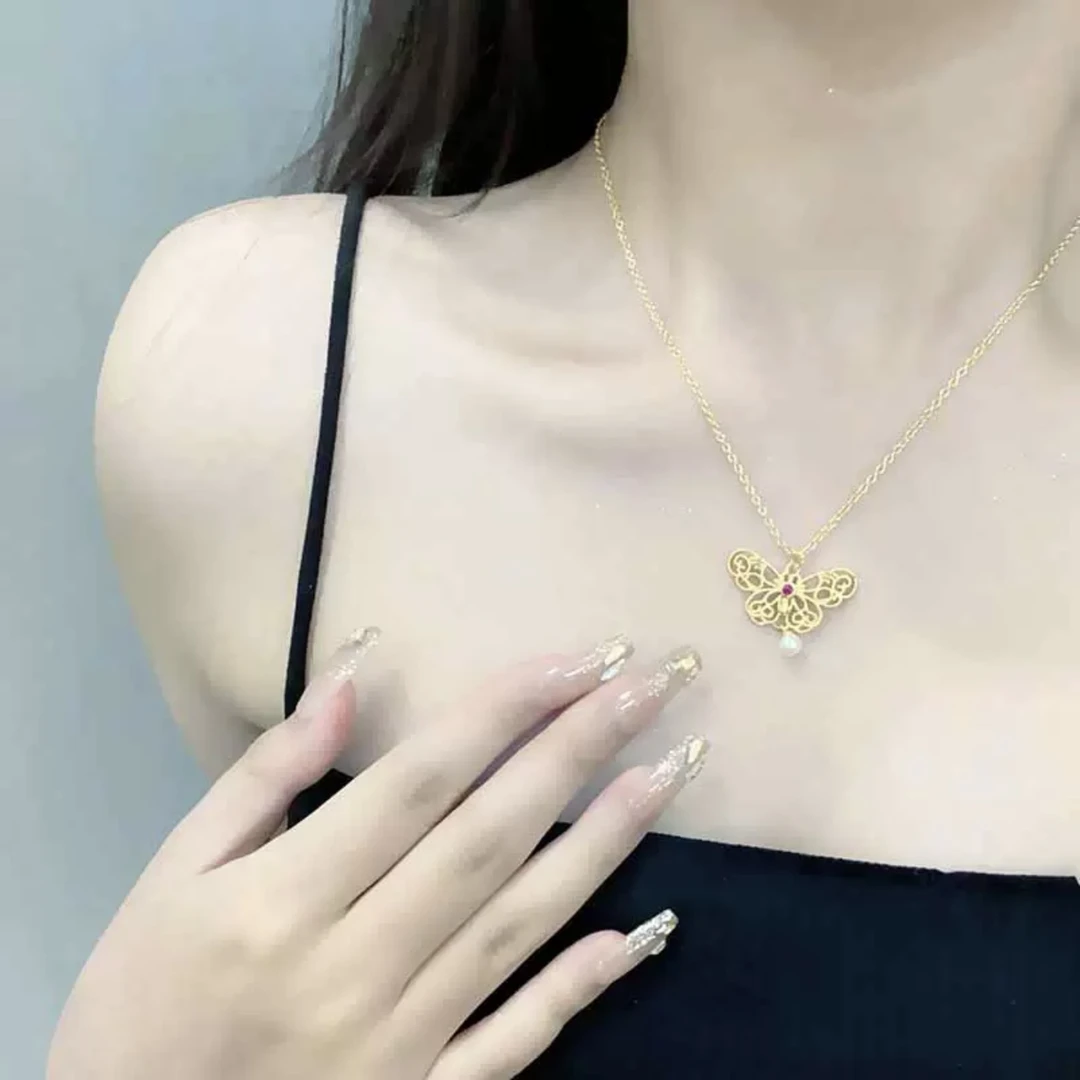 铜合金项链 璀璨姐妹新中式轻奢复古金色蝴蝶项链女小众百搭cc045