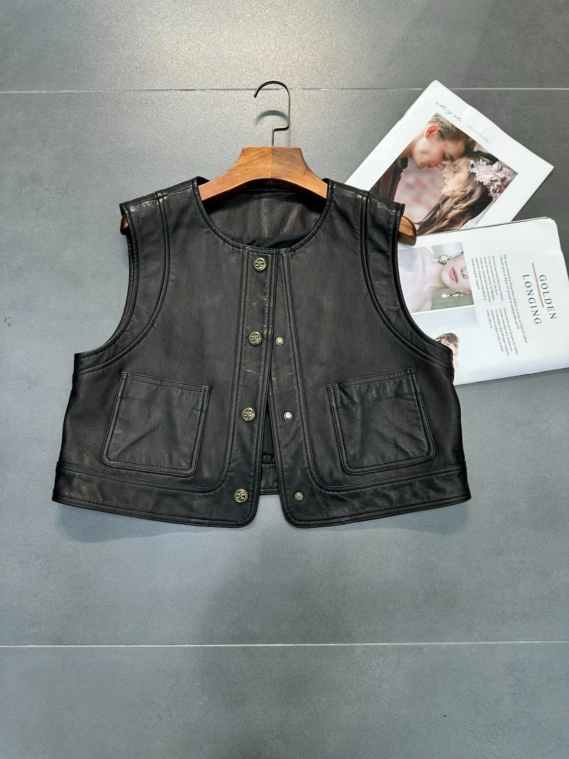 新款真皮绵羊皮植鞣皮重工艺时尚女款马甲皮衣外套