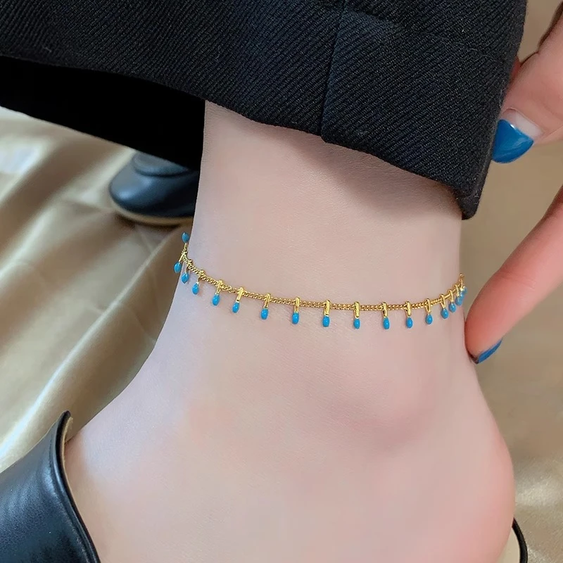 钛钢脚链 蓝色滴釉脚链女2025新款轻奢高级感不掉色气质夏季足链