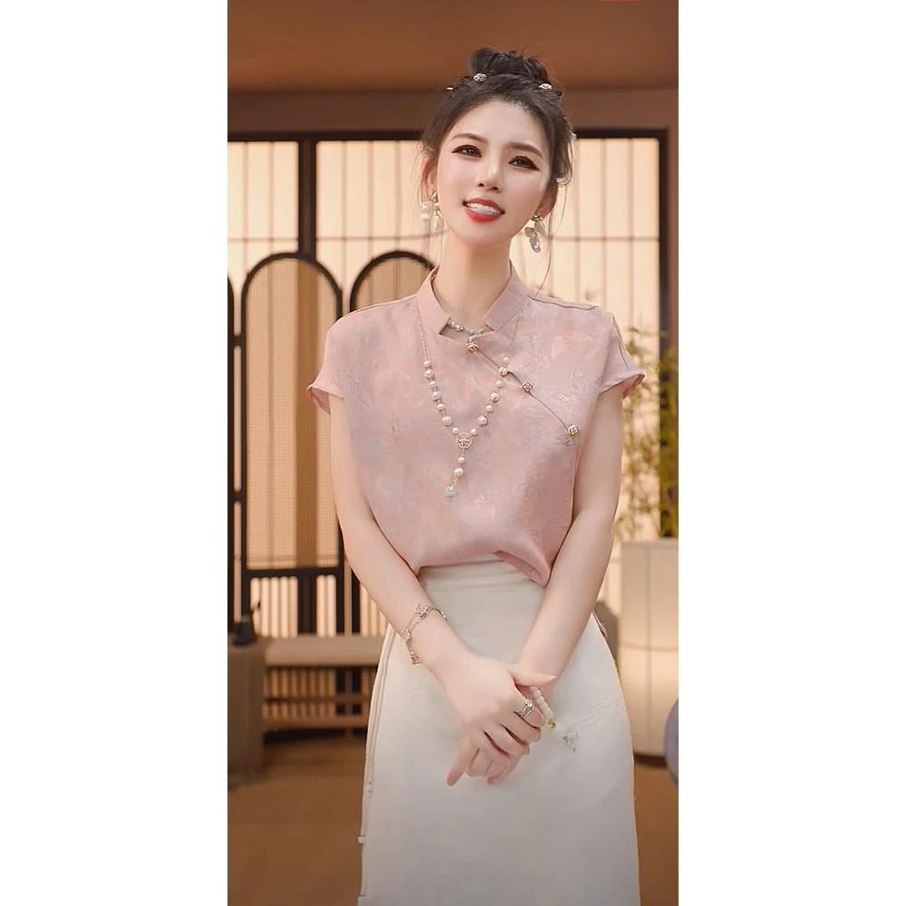 小众独特别致绝美上衣新中式女装2025夏装国风盘扣粉色短袖衬衫女