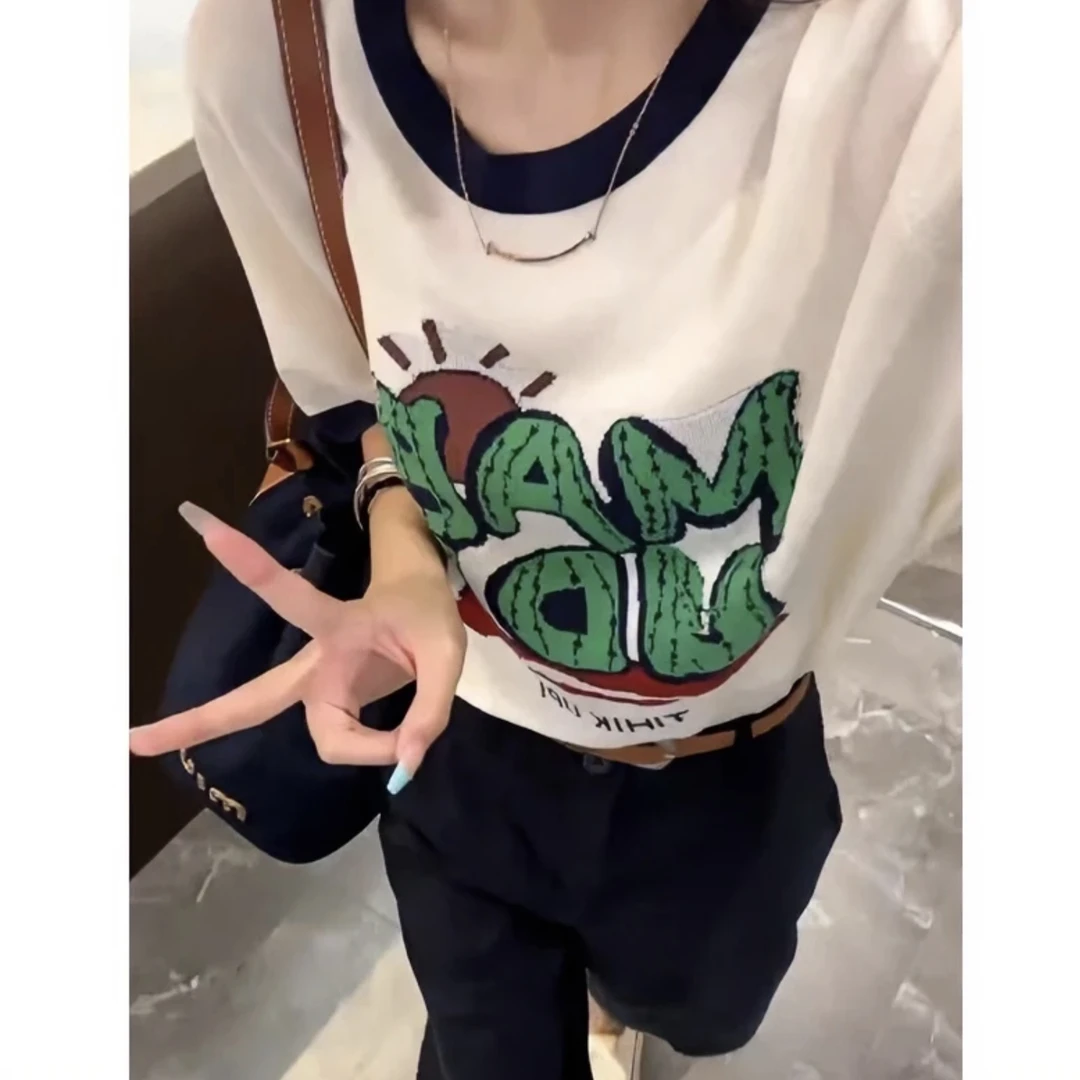 2025年新款短袖针织T恤女夏季字母刺绣小衫减龄显瘦气质百搭上衣