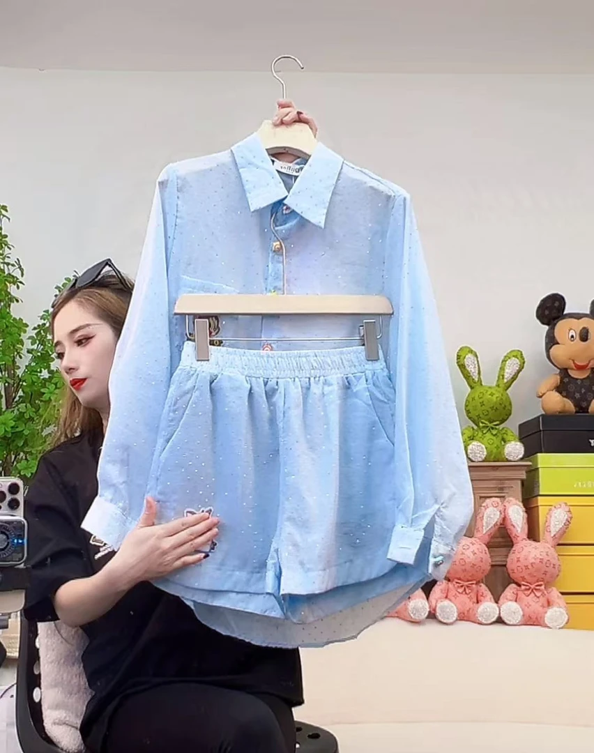 【257】伊#烫钻衬衫上衣+短裤【套装】