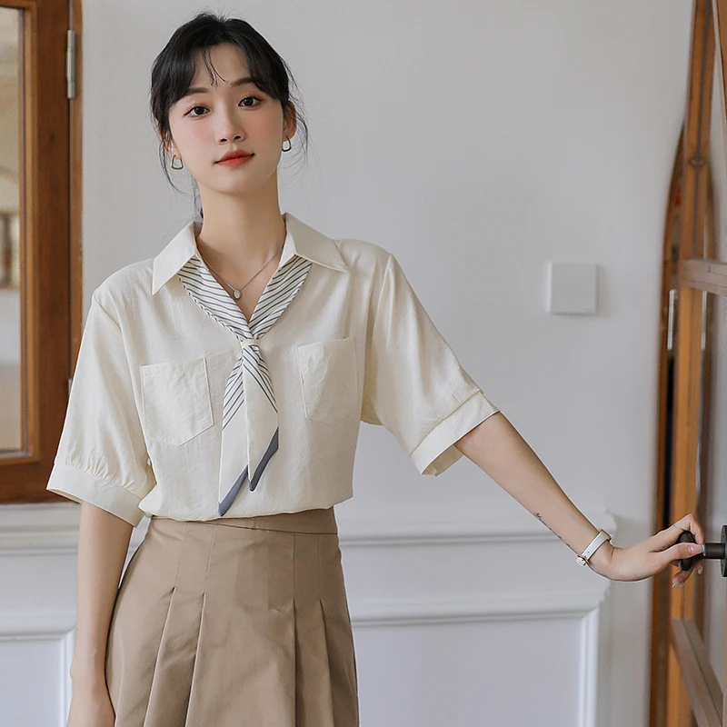 减龄衬衫女2025年夏季新款别致设计感小众短袖领带上衣复古ins风