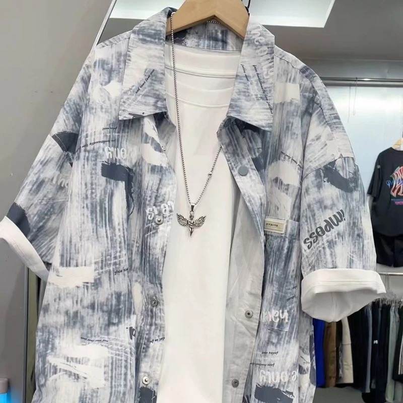 QBF青少年潮牌字母印花短袖衬衫夏季薄款翻领INS宽松休闲开衫