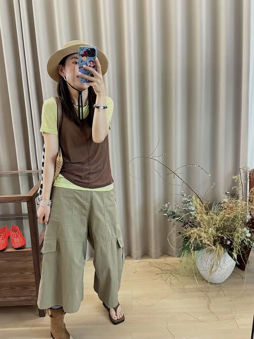 夏季女七分口袋工装裤2025新款小个子高腰阔腿裤