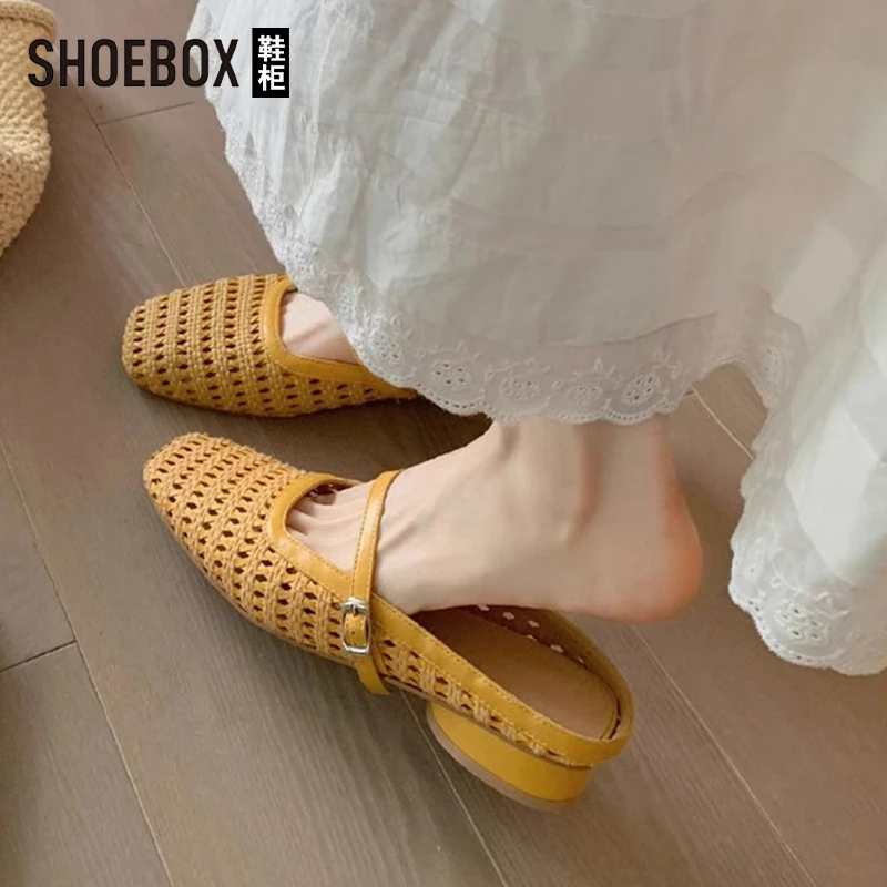 SHOEBOX鞋柜包头半拖女夏配裙子粗跟编织镂空玛丽珍沙滩凉拖鞋