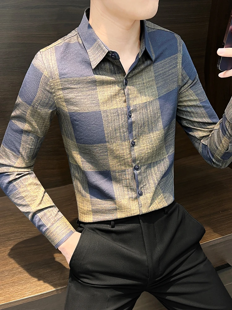 春秋格子衬衫男士长袖痞帅高级感男装2025年新款秋装上衣衬衣男款