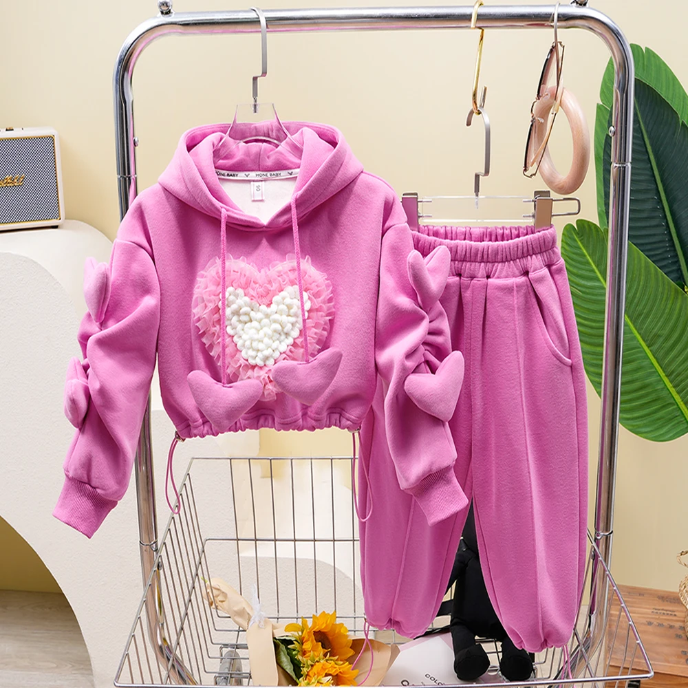 亲子装春装新款女童甜美爱心卫衣套装母女装连帽加厚两件套潮