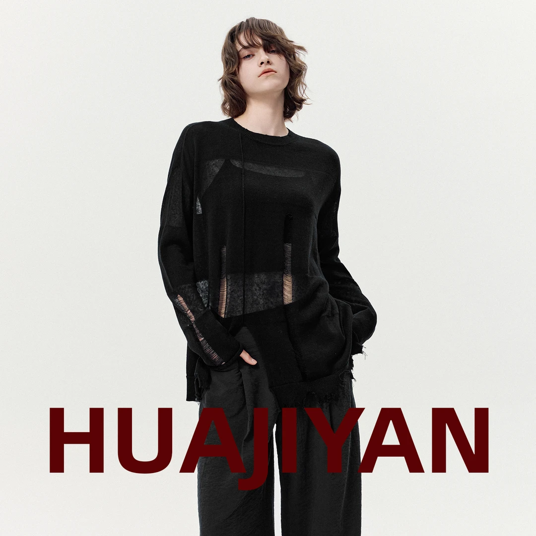华吉言/HUAJIYAN【黯影】亚麻混纺微透破洞不规则下摆圆领针织衫