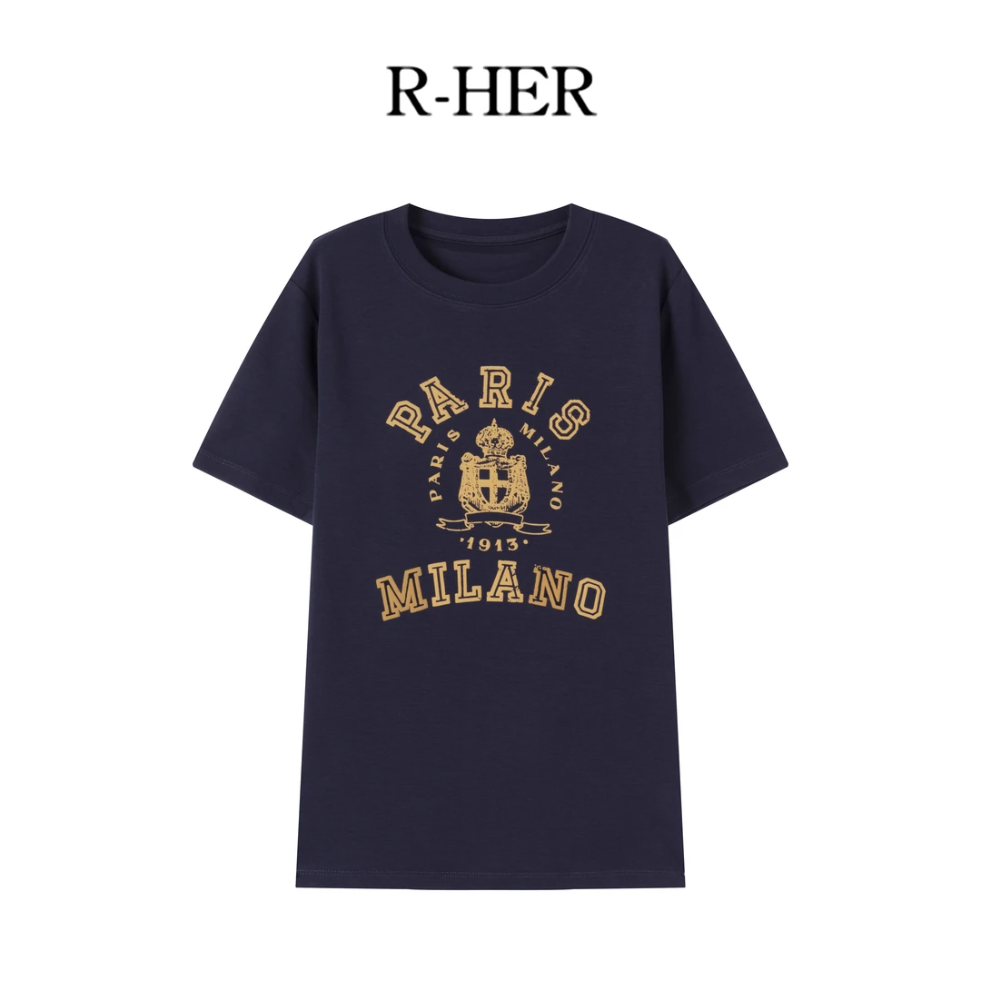 R-HER【巴黎米兰】夏季新款藏蓝色纯欲慵懒风女装百搭休闲时尚短袖