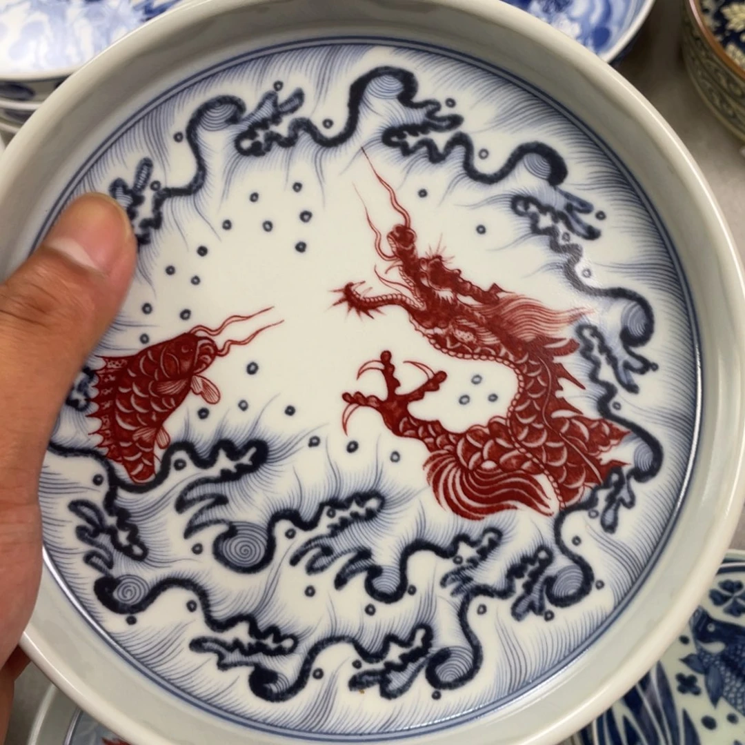 瓷片景德镇釉里红鱼化龙壶承微瑕