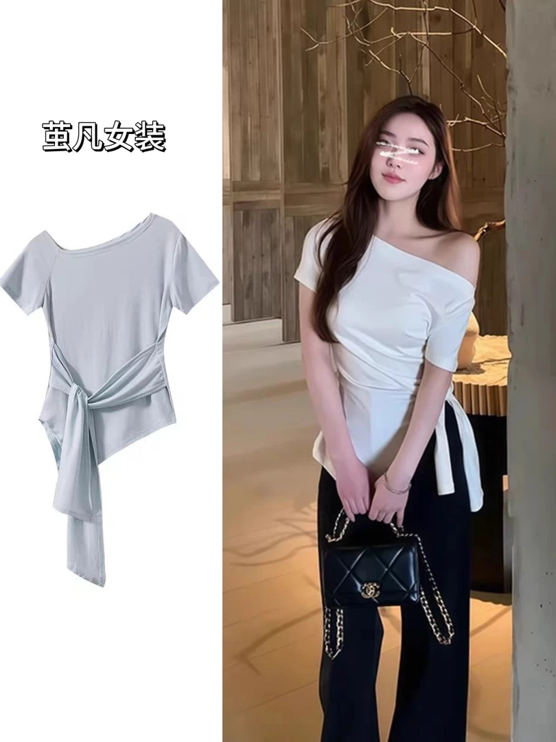微胖夏季修身不规则绑带收腰斜肩短袖T恤女掐腰一字肩气质上衣
