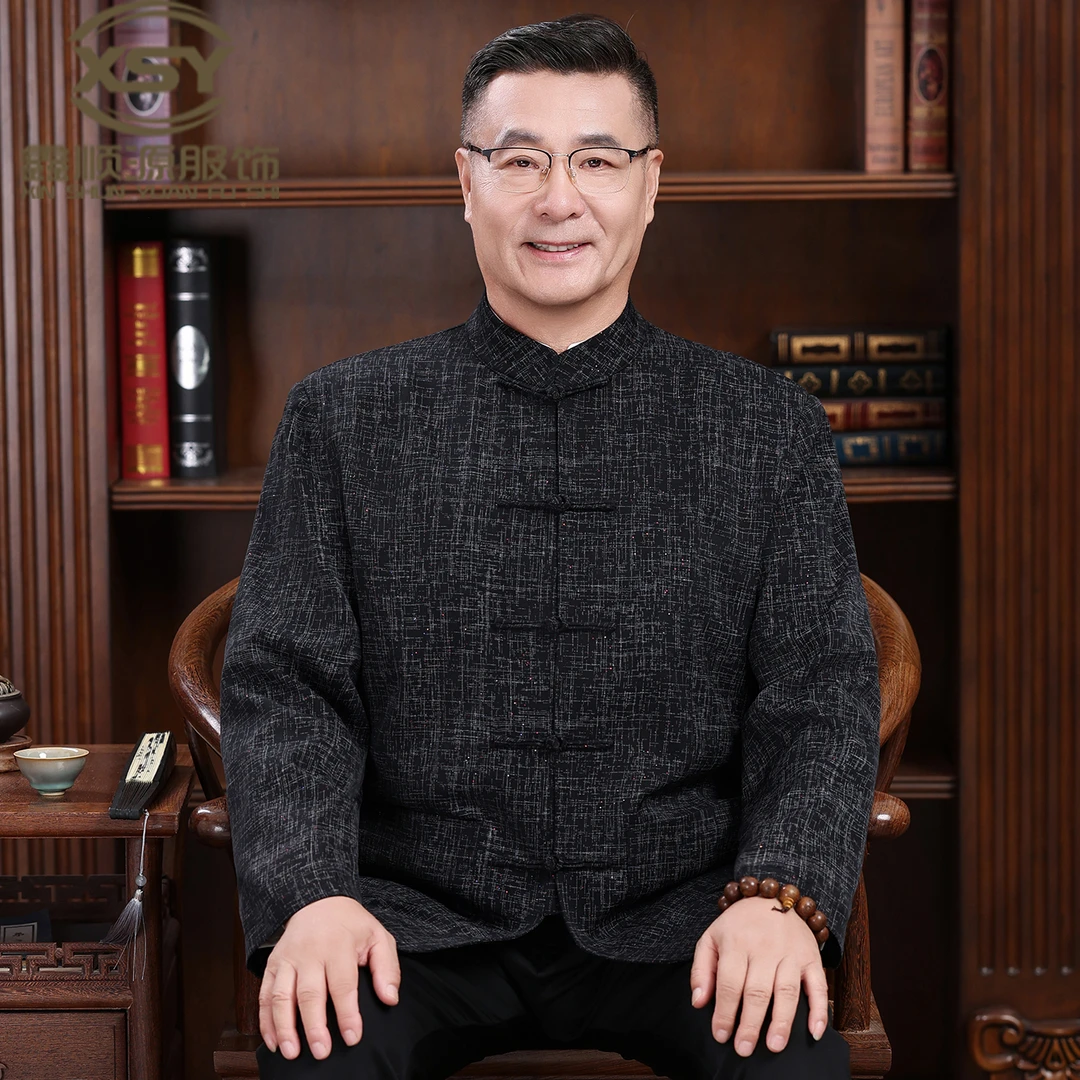 中老年唐装男春秋款爸爸外套夹克新中式立领盘扣爷爷长袖套装上衣