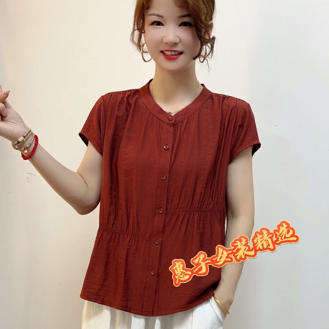 夏季新款时尚百搭洋气减龄气质短袖休闲显瘦女士圆领拼接短袖衬衫