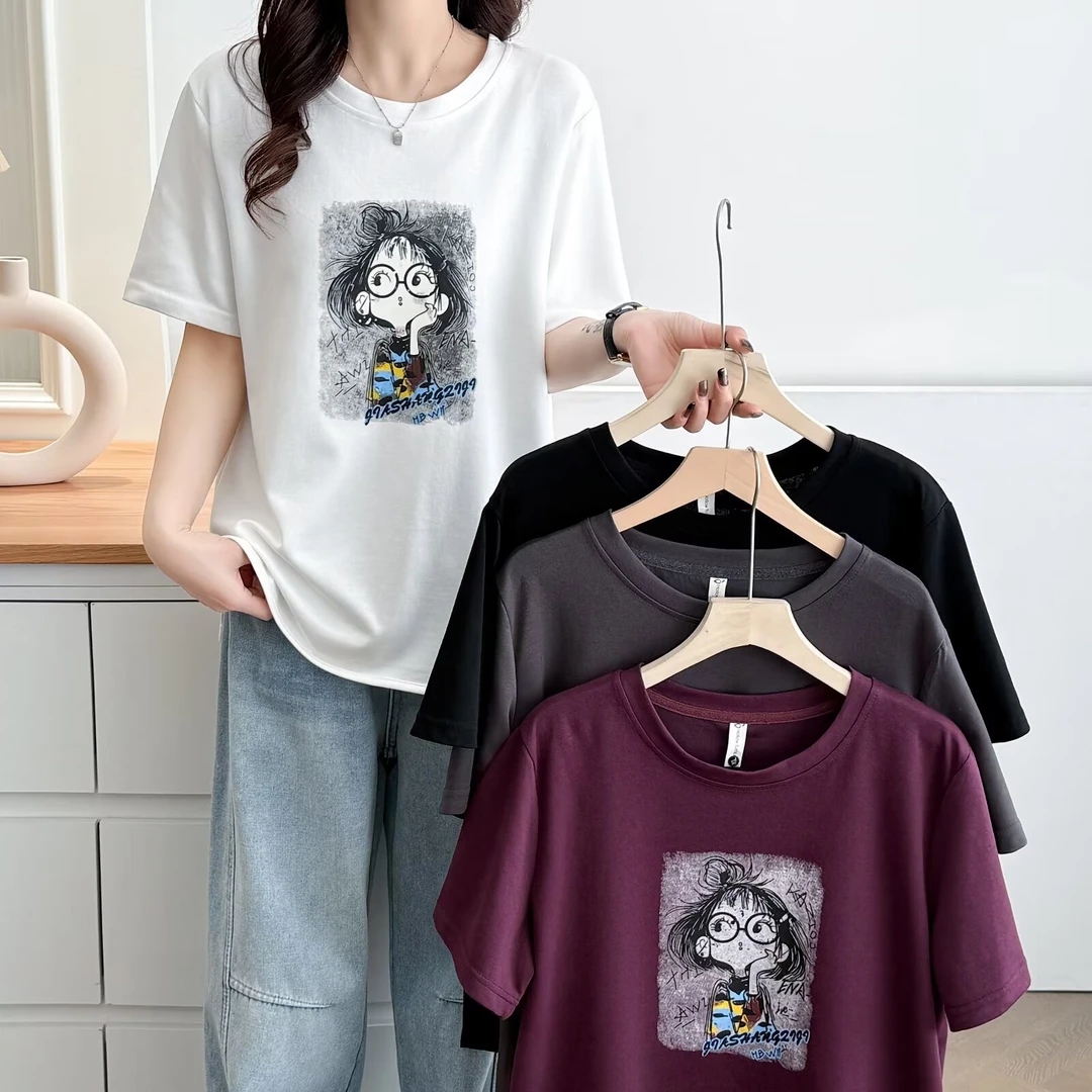 印语芩大码女装夏季新款时尚显瘦设计感圆领印花短袖T恤上衣女