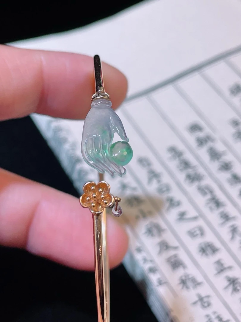 缅甸天然a货翡翠 冰绿手镯 18k金镶嵌