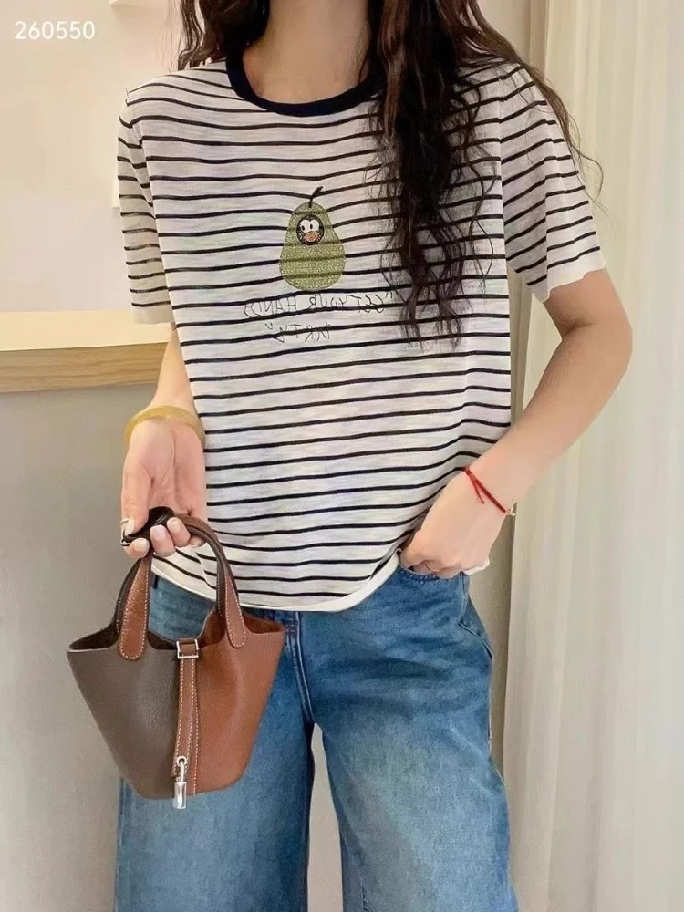8150-2条纹字母牛油果印花圆领短袖t恤女夏条纹撞色薄款宽松上衣