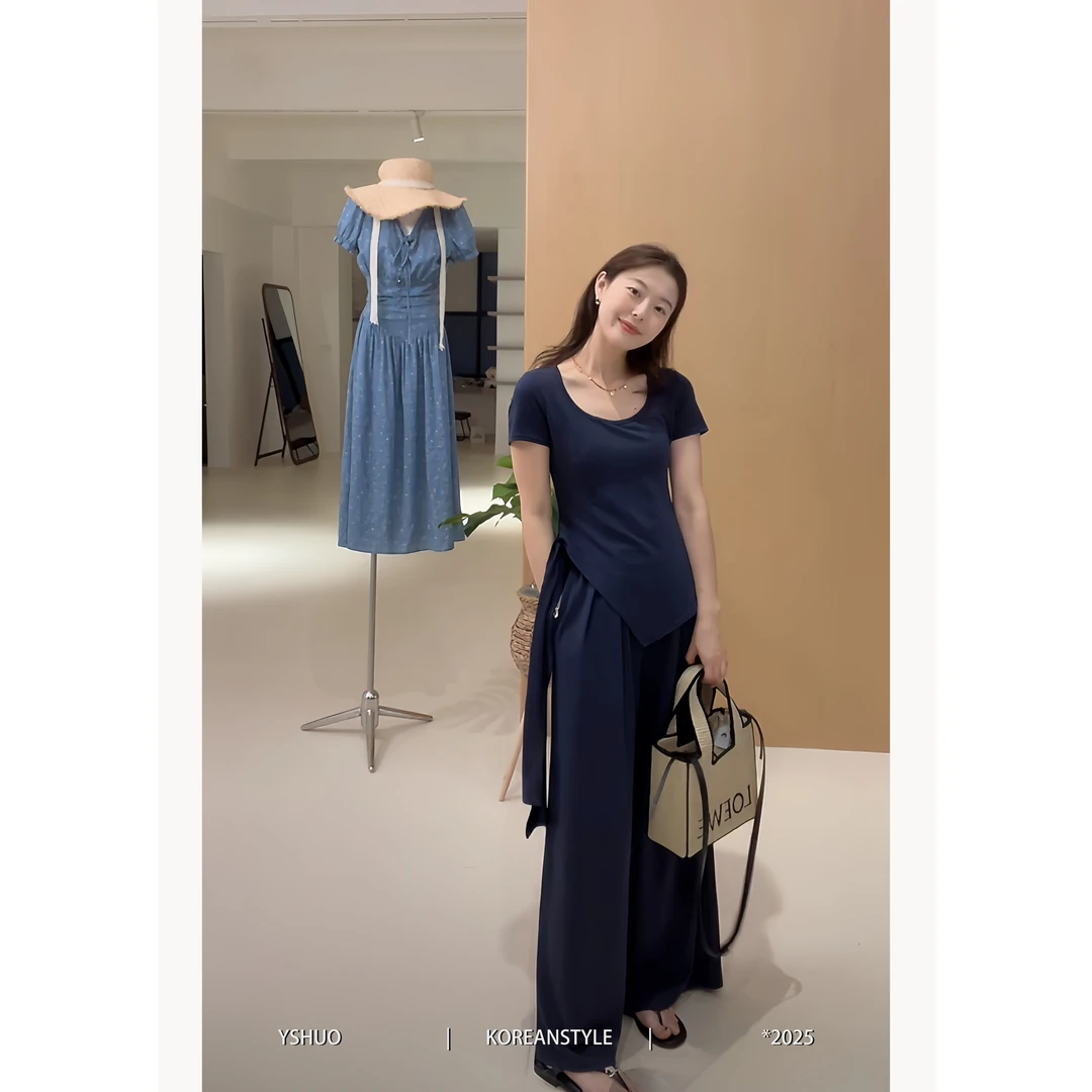 YSHUO【吸氧计划】新款下摆不规则绑带气质短袖百搭阔腿裤套装 8939