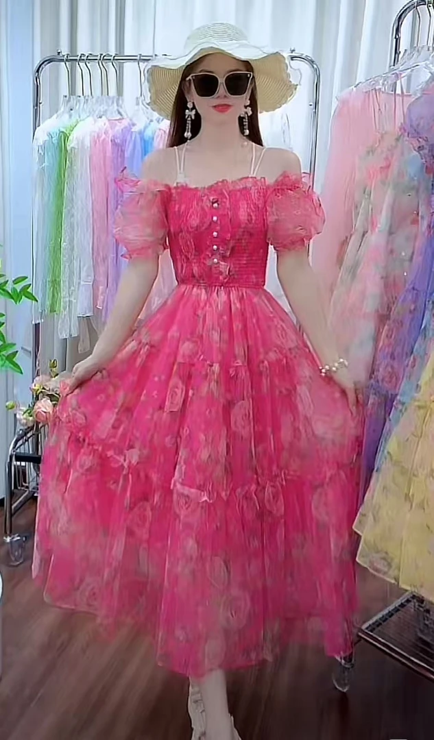 911#法式气质碎花方领连衣裙