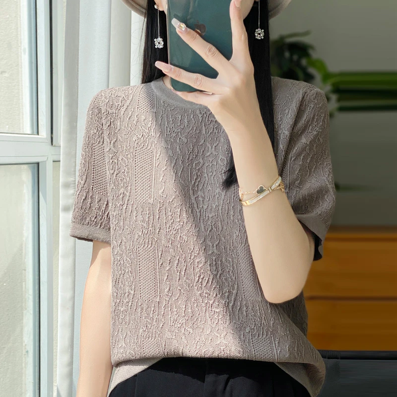 【现货宠粉】新款圆领短袖女显瘦半袖透气纯色轻奢夏季打底针织T恤