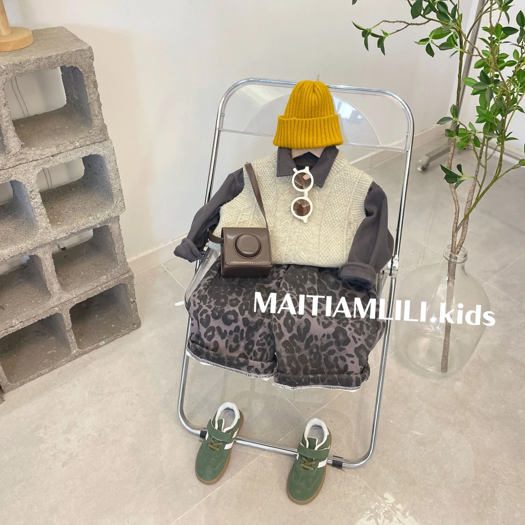 麦田里里冬款青仓加绒豹纹裤韩灰马甲加绒衬衫3669